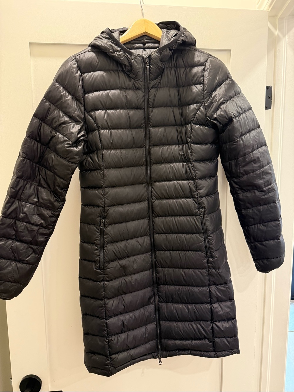 TNA Lightweight Long Black Puffer Jacket with Hood